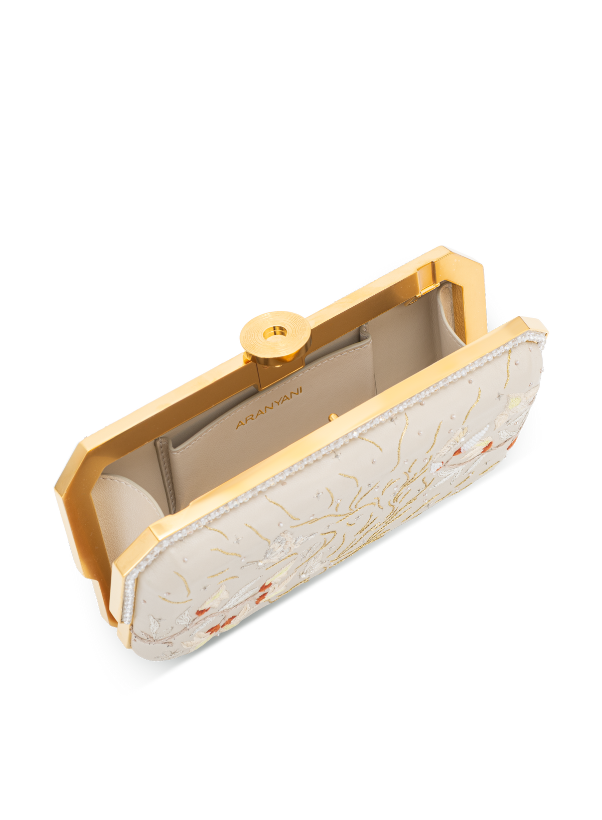 Laya Framed Clutch Embellished in Sand, top view