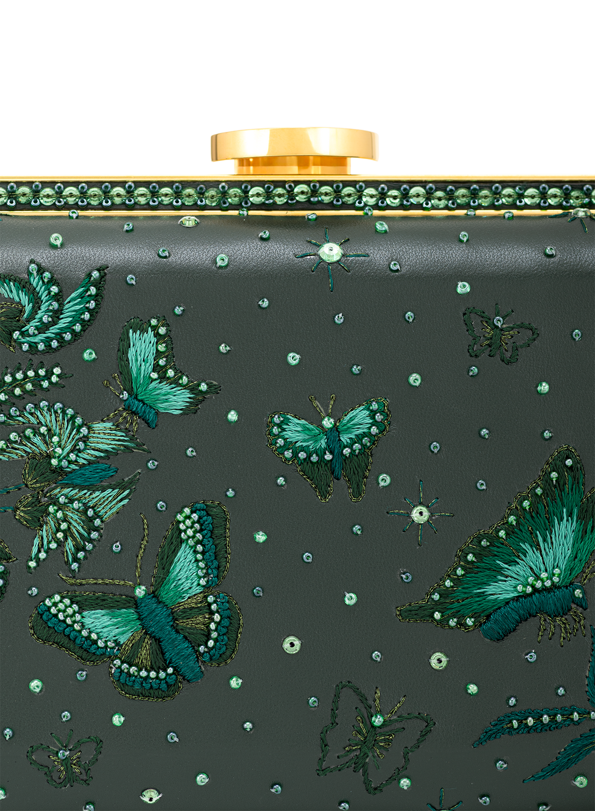 Laya Framed Clutch Embellished in Green, close-up detail