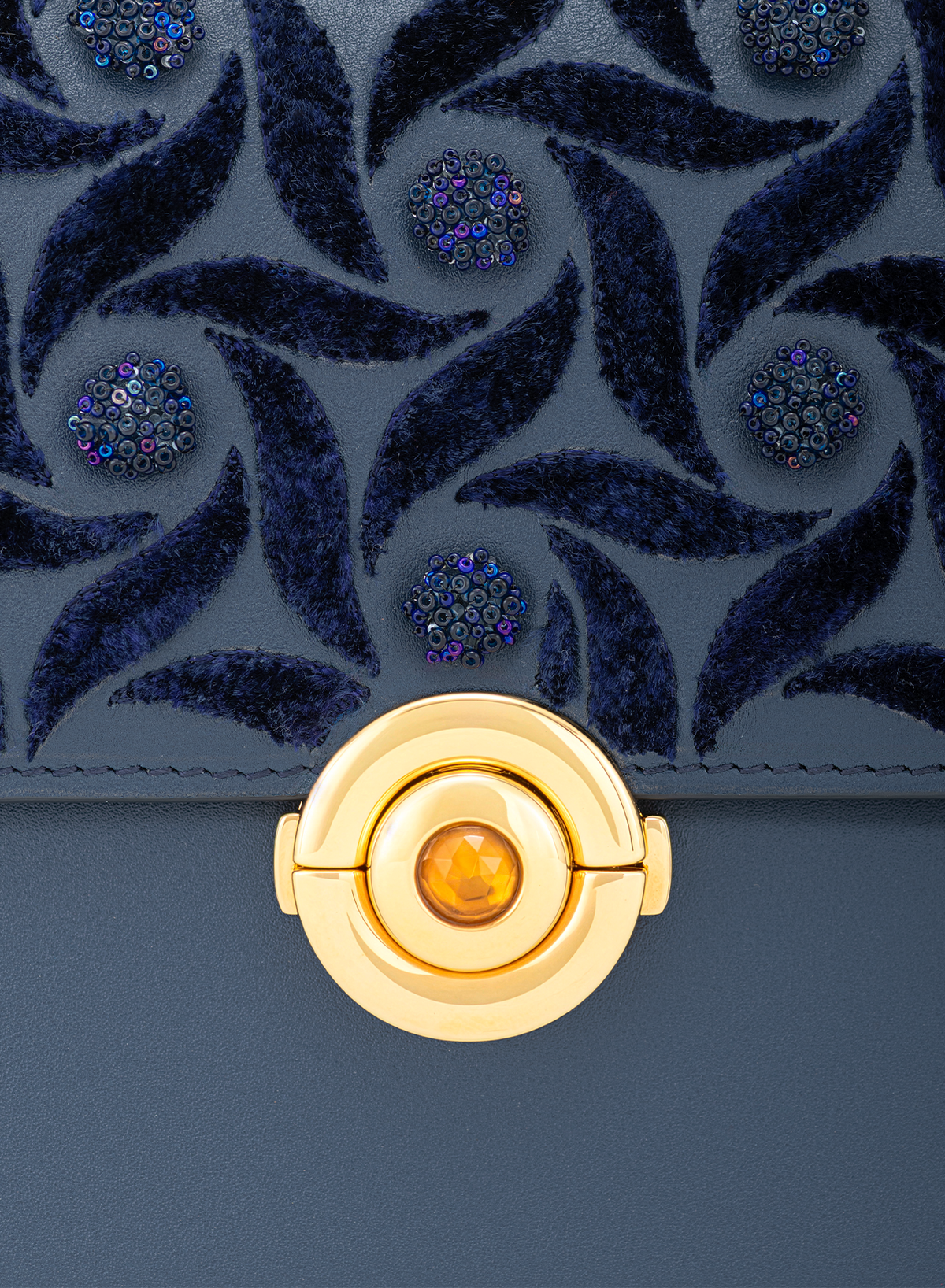 Lila Embellished with Citrine Push Lock in Midnight Blue, close-up detail