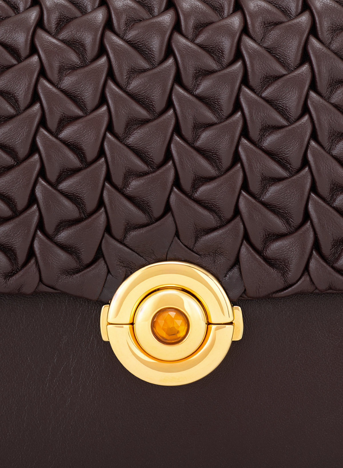Calista M Hand-pleated with Citrine Push Lock in Mahogany, close-up detail