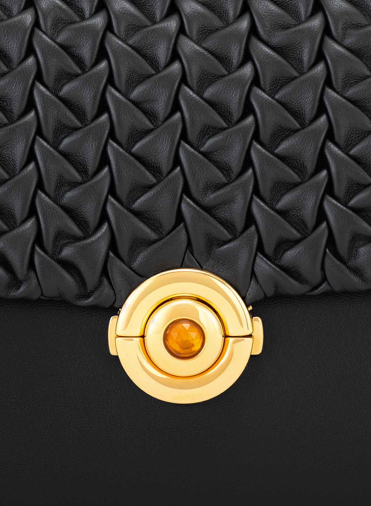 Calista M Hand-pleated with Citrine Push Lock in Obsidian, close-up detail